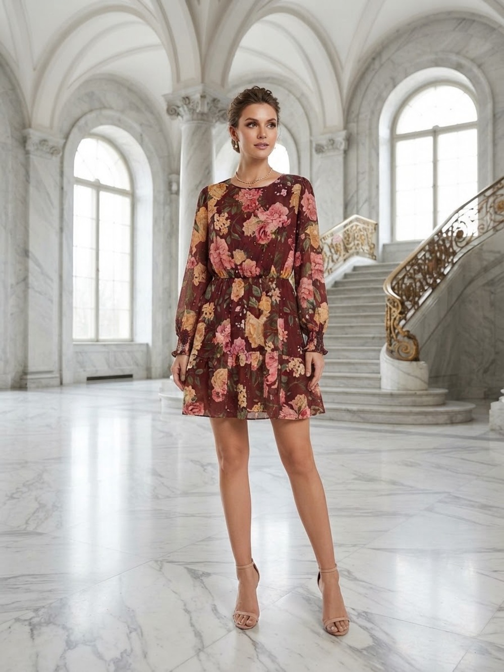Flying Tomato Burgundy Floral Long-Sleeve Tiered Dress